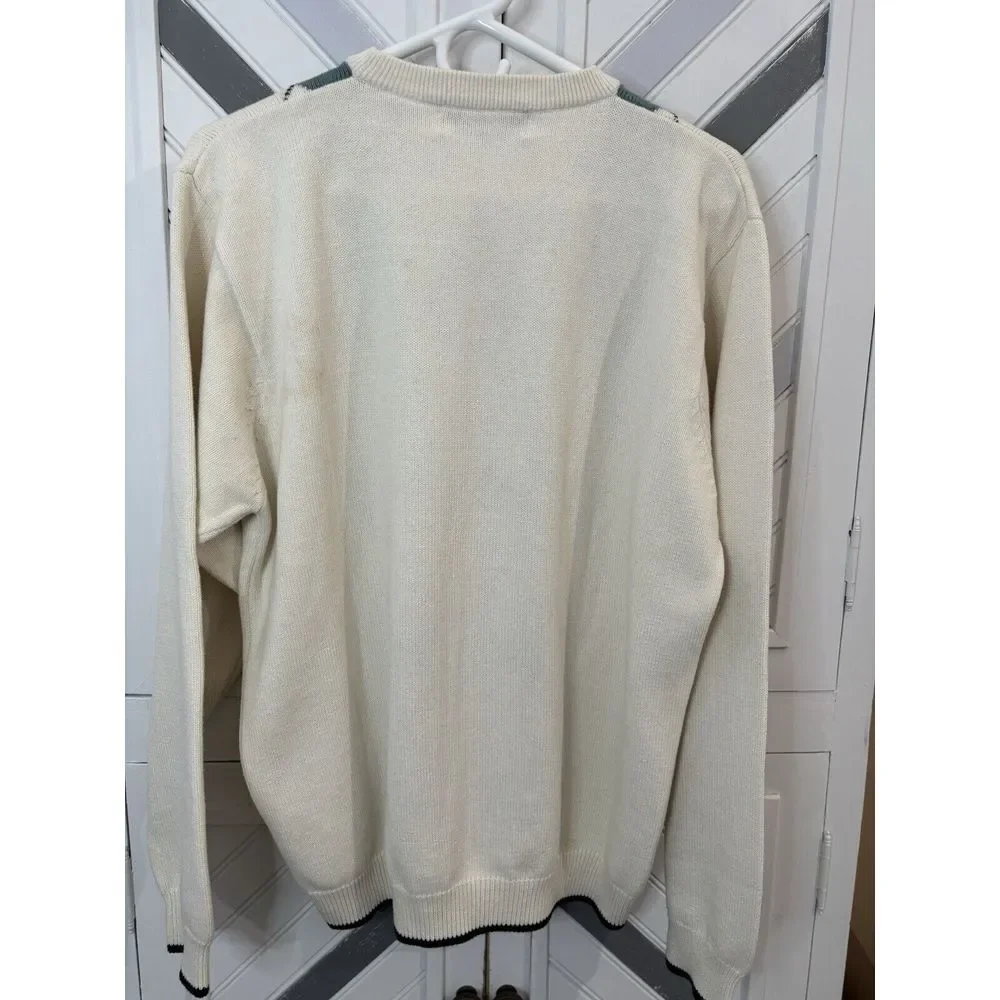 John Ashford Golf Men's Large Cream‎ Green Blue Argyle Long Sleeve Knit Sweater